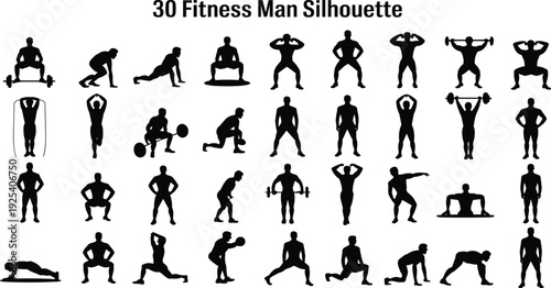Black and white silhouette vector collection of thirty fitness men performing various gym exercises and weightlifting workouts for graphic design.