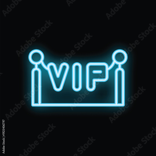Blue neon sign of a vip barrier glowing on a black background
