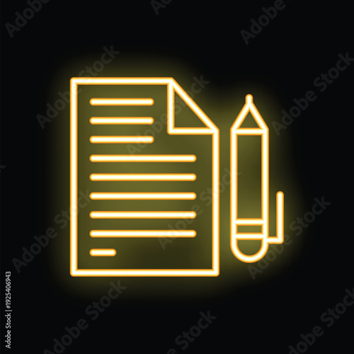 Glowing neon icon of a document being edited with a pen, representing the concept of writing