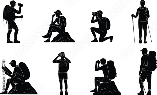 Black silhouette vector collection of eight outdoor adventure hikers exploring with backpacks, binoculars, maps, and trekking poles for graphic design.