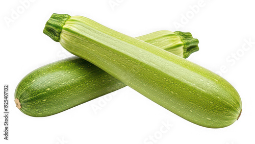 Two fresh green zucchinis stacked on each other with speckled skin isolated on transparent background