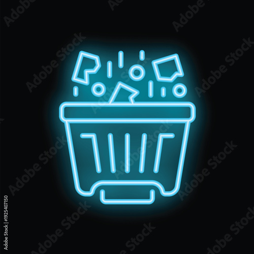Blue glowing neon line trash can icon isolated on black background