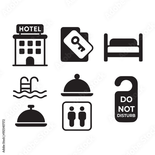  Hotel Service Icon Set Vector Illustration with Building, Bed, Pool, Room Service, and Reception