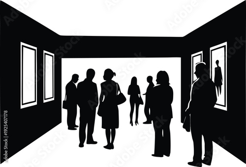  Monochrome gallery visit showcasing art admirers in sumi-e style silhouette vector1
