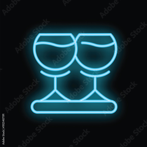 Bright blue neon sign depicting two wine glasses clinking, symbolizing a romantic date or celebration