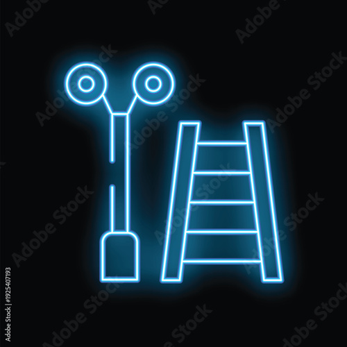 Blue neon style icon of a pool ladder and street lamp glowing in the dark