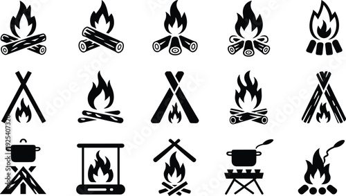 Campfire cooking icons outdoor camping fire safety vector set, flames logs tripods pots grills wilderness adventure illustration design