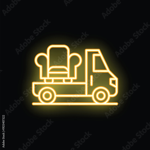Neon yellow delivery truck carrying armchair on black background, representing moving or furniture delivery service
