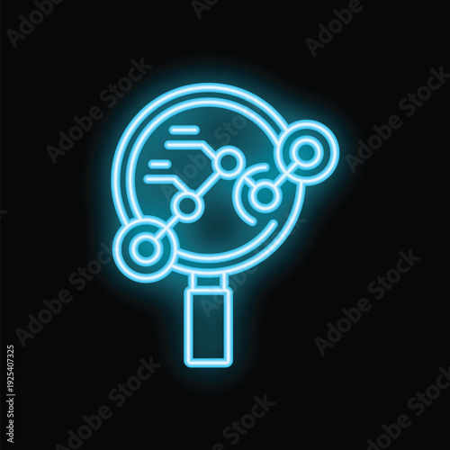 Bright neon magnifying glass examining glowing digital network connections on a dark background, symbolizing data analysis and network security