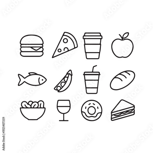 Food and Drink Icon Set Vector Illustration with Burger, Pizza, Coffee, Fish, and Sandwich