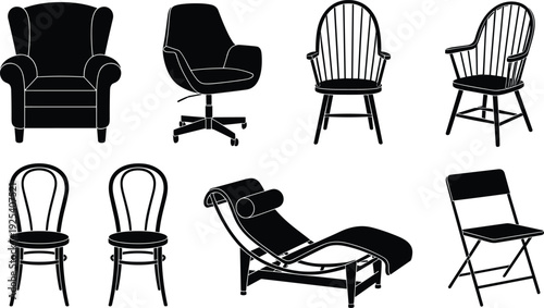 Chair silhouettes vector icons, armchair office wooden bentwood chaise lounge folding chair furniture interior decor illustration design set