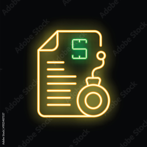 Glowing neon icon representing a document with a stamp and the letter s, symbolizing concepts of security, safety, and signing