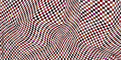 Trippy distorted checkerboard background with multicolor retro psychedelic geometric pattern. Abstract warped checkered wallpaper design
