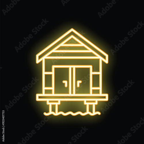 Yellow glowing neon icon of a bungalow on stilts, representing vacation rentals and tropical destinations