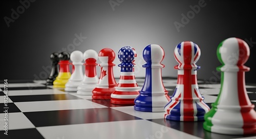 A powerful visual representation of international relations and global strategy with chess pawns adorned with various national flags.