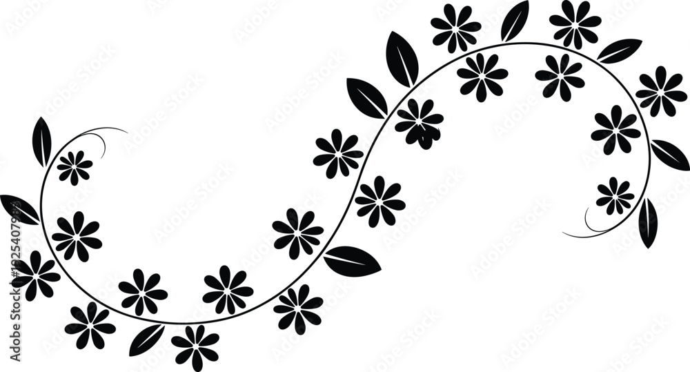 Fototapeta premium Floral vine silhouettes vector icons, decorative curved botanical flower leaf ornament illustration set, nature design artwork for patterns decor