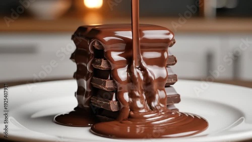 Melting chocolate cake on a white plate in a kitchen with blurred background