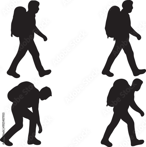 Set of male hiker silhouettes with backpacks in various walking and bending poses