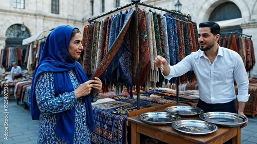 Woman Inspecting Colorful Scarves at Outdoor Market Stall With Vendor Counting Coins
