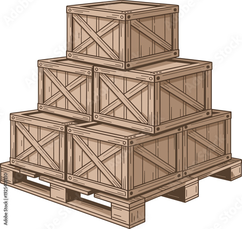 Hand drawn vector illustration of stacked wooden shipping crates resting on a wooden pallet for warehouse cargo logistics graphic design.