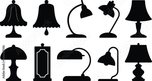 Lamp silhouettes illustration set, interior lighting vector artwork, home decor design graphics, modern and traditional icons collection, furniture symbol