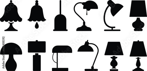 Lamp silhouettes illustration set, interior lighting vector artwork, home decor design graphics, modern and traditional icons collection, furniture symbol