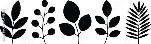 Leaf plant silhouettes vector icons, botanical branch foliage nature design artwork set, decorative outdoor illustration collection for floral patterns