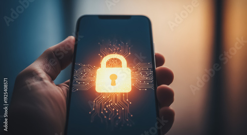 Hand holding a smartphone displaying a glowing digital padlock icon with circuit board traces, symbolizing mobile data security and cyber protection.