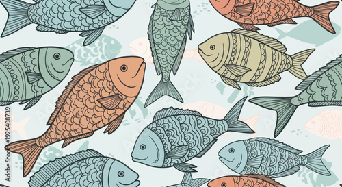 Colorful Cartoon Fish Swimming Together.