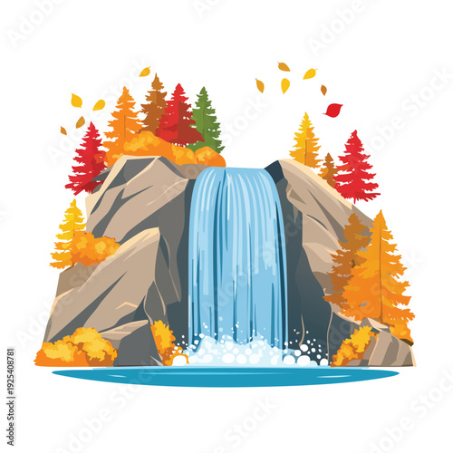 Cartoon waterfall landscape with autumn trees