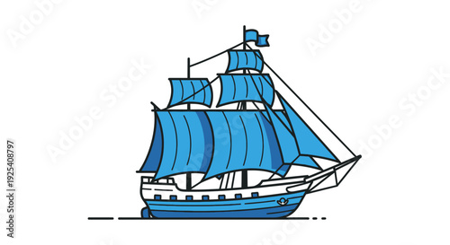 Vintage Sailing Ship with Blue Sails.