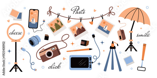 A set of elements for photos and selfies, hand-drawn in a flat style. Vector design on a white background.