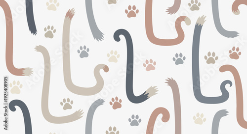 Colorful Cat Tails and Paw Prints Pattern.