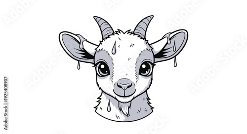 Goat Head Cartoon with Droplets and Friendly Expression