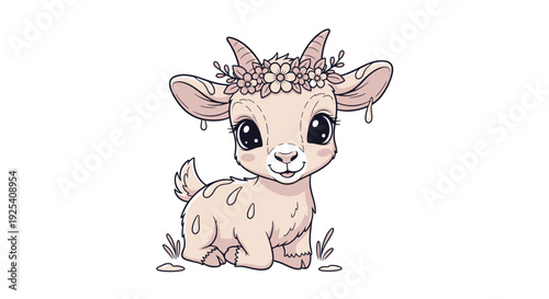 Cute Baby Goat with Flower Crown in Meadow