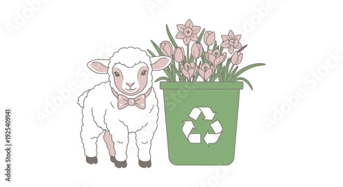 Lamb with Recycling Plant Pot and Flowers