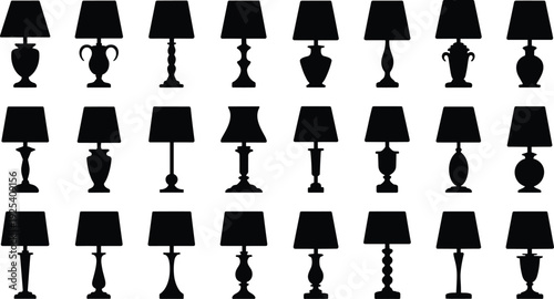 Table lamp silhouettes vector icons, decorative lighting furniture interior decor illustration set, vintage modern home design artwork collection