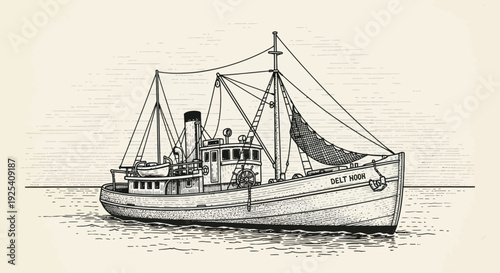 Vintage Black and White Fishing Boat Illustration.