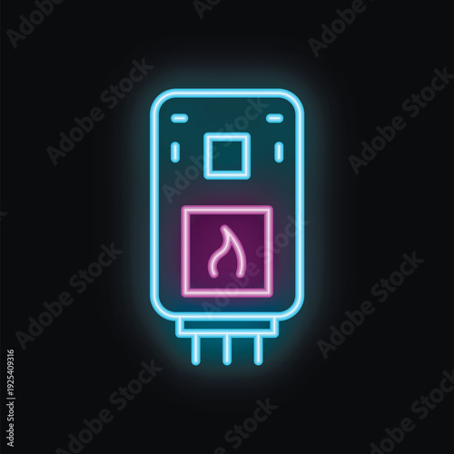 Glowing neon icon of a modern gas water heater for a hot shower