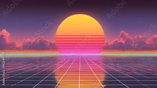 Vaporwave neon grid horizon at sunset with retro sun and soft glow accents.