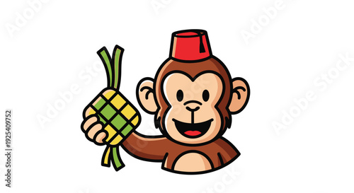 Monkey holding a woven palm leaf gift with red fez hat