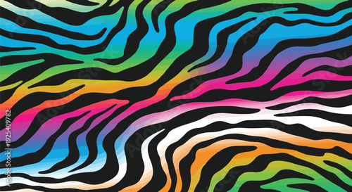 Vibrant psychedelic zebra stripes pattern with a full spectrum rainbow color gradient on a deep black background providing a striking and energetic