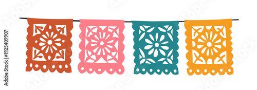 Colorful papel picado garland banner. Taditional Mexican decorative party flags, bunting. Cinco de Mayo, fiesta or Day of  Dead Dia de Muertos celebrations. Flat vector graphic object isolated 