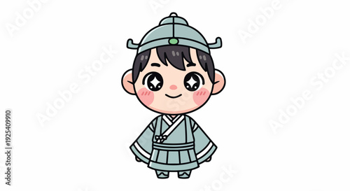 Cartoon illustration of a cheerful Asian child wearing a traditional Korean hanbok and hat on a white background with soft pastel colors.