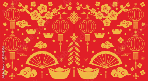 Vector illustration of a seamless pattern featuring autumn forest nature with red amanita mushrooms, birds, and green leaves on a decorative floral Chinese New Year background