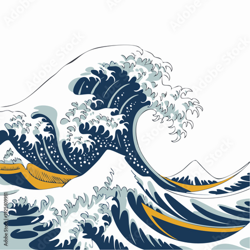 Vector illustration of a massive ocean wave with mountainous landscape.