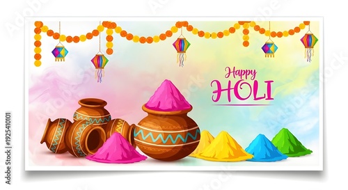 Happy Holi festival banner with colorful powders in clay pots, traditional lanterns, and festive garlands, celebrating Indian culture and joy.