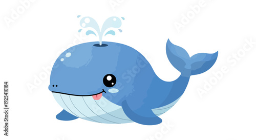 A cartoon blue whale spouting water with a cheerful expression on a clean white background with a playful mood.