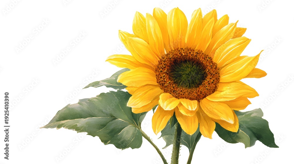 Fototapeta premium Large bright yellow sunflower with dark center and green leaves on long stems facing forward.