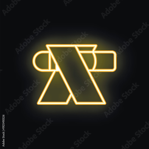 Bright yellow neon icon of a folding camping stool glowing on a black background